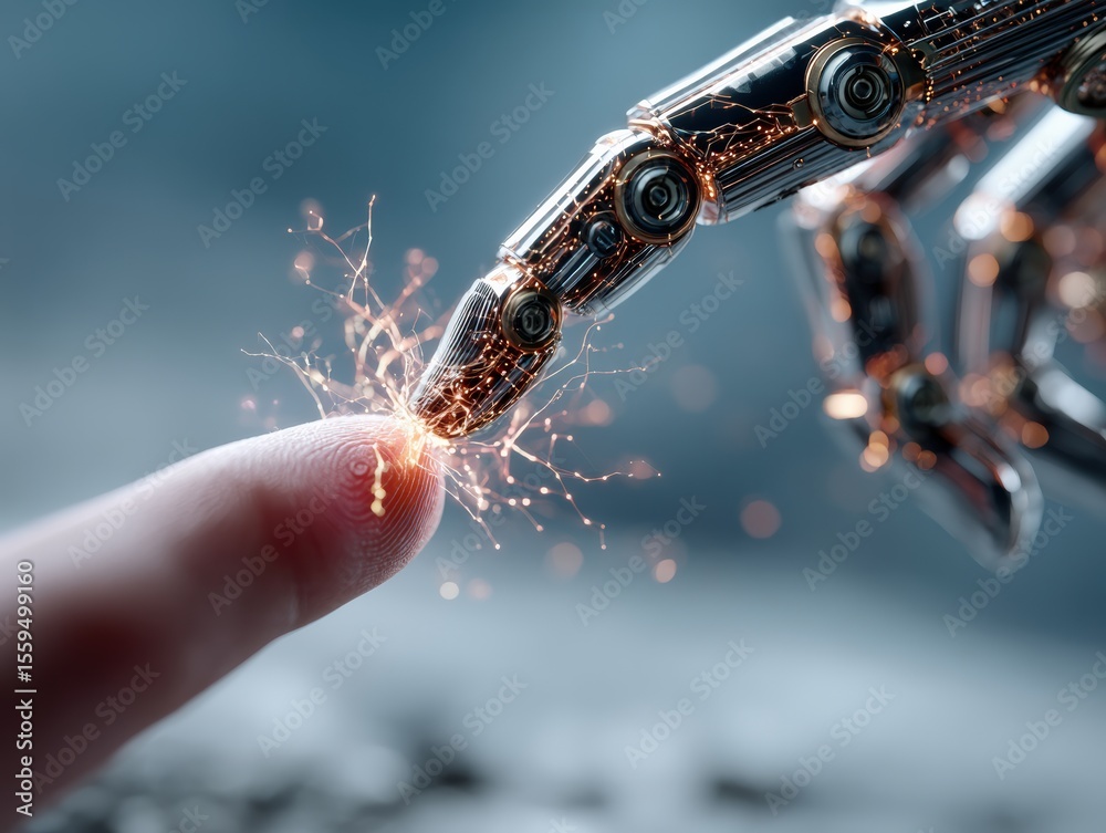 Poster Chrome robotic finger gently touching a warm human fingertip, with a pulsating digital spark made of neon lines and particles, creating a sleek gradient blur