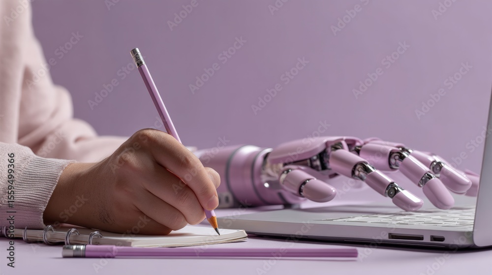 Poster woman's hand writing on paper with pencil and robotic hand typing on laptop keyboard, concept of art