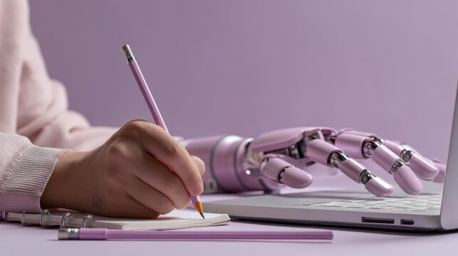 Woman's hand writing on paper with pencil and robotic hand typing on laptop keyboard, concept of artificial intelligence and collaboration - Powered by Adobe