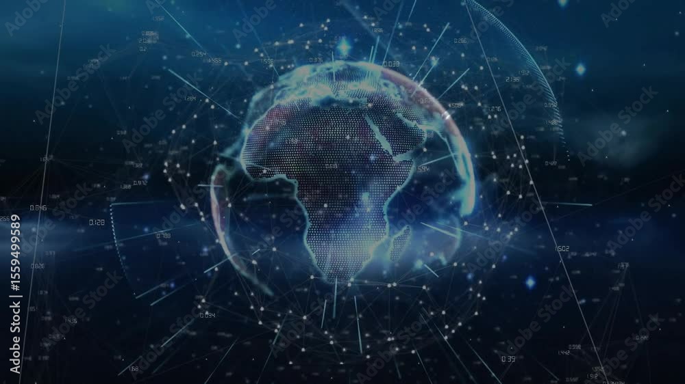 Poster data-driven globe emerging pulsing nodes radiating beams rotating for intensifying network view