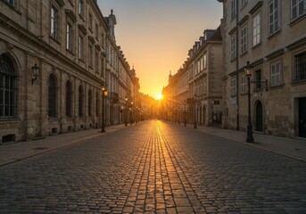 Fototapeta premium A quiet cobblestone street in a historic European city, bathed in the golden glow of the rising sun. The symmetrical architecture and empty road create a calm and timeless atmosphere.