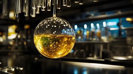 Golden Liquid in Glass Sphere at Bar, Abstract Drink Concept