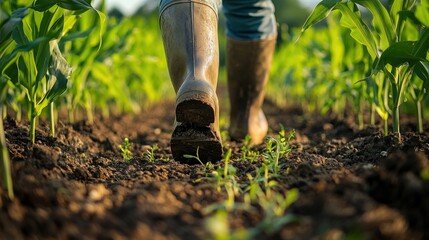 Walking through a cornfield farmer in rubber boots agricultural landscape vibrant green crops ground level perspective