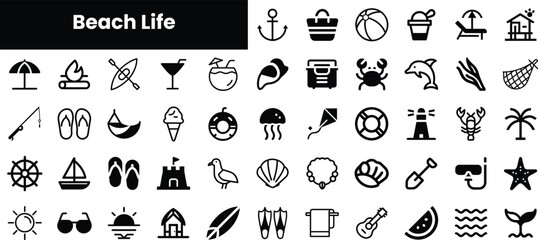 A collection of black icons depicting various aspects of beach life, including sunbathers, aquatic activities, and seaside elements, perfect for summer-themed designs.