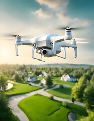 White Drone Carrying Package Flying Over Green Suburban Landscape with proper blades