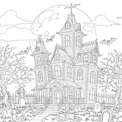 A haunted house stands under a full moon, surrounded by tombstones, bare trees, and flying bats.