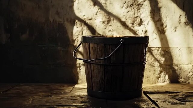 The wooden bucket was filled with fresh water, its surface reflecting the soft morning light.
