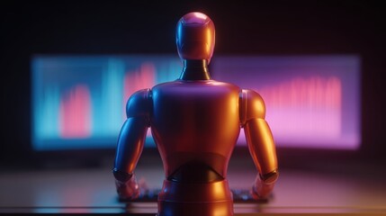 A humanoid robot analyzes data on dual screens displaying colorful graphs, symbolizing AI and technology in a futuristic setting.