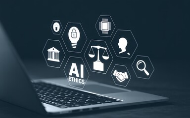 Artificial intelligence ethics concepts displayed over a laptop technology
