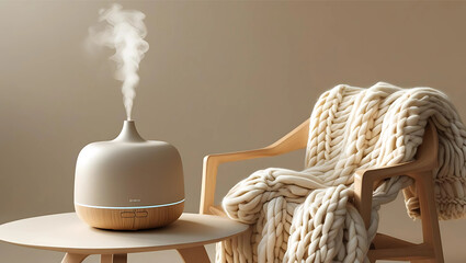 A beige ceramic essential oil diffuser sits on a small table next to a wooden chair draped with a cream-colored knitted blanket, emitting steam.