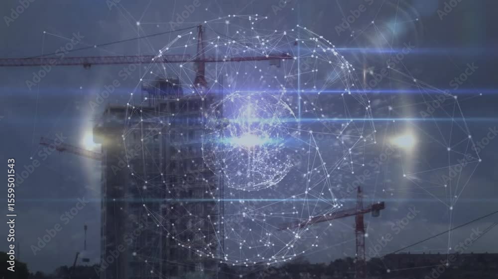 Poster translucent mesh sphere fading rotating and pulsing visualizing connectivity around highrise cranes