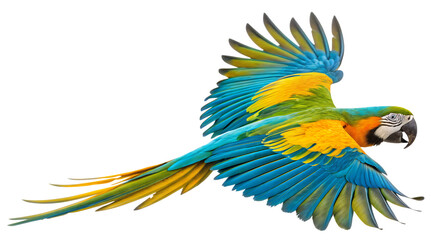 Obraz premium A vibrant macaw in flight displaying its colorful plumage on transparent background
