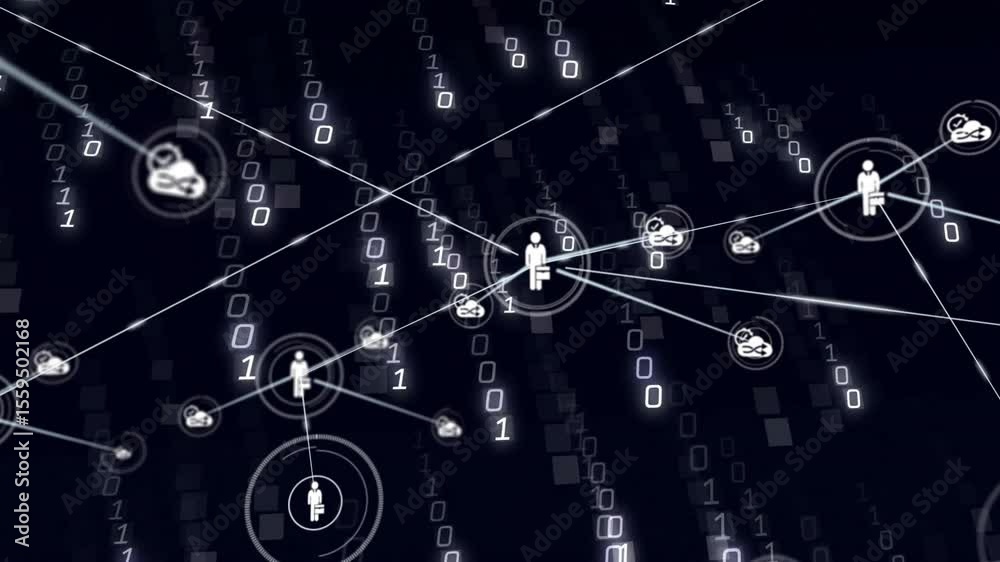 Poster streaming binary code starting network growth, ringed silhouette linking cloud briefcase user nodes