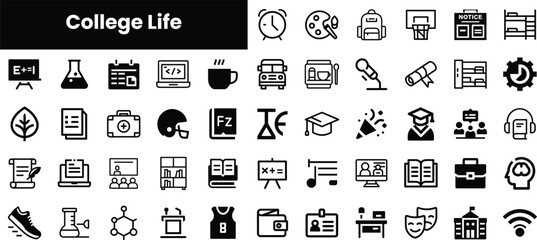 Various icons representing college life, including academics, extracurricular activities, and social aspects. Ideal for educational themes.