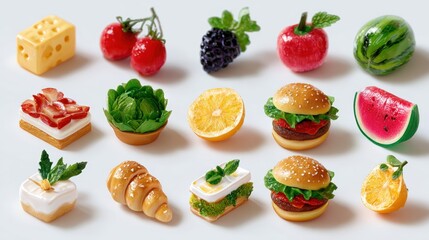 Naklejka premium An assortment of miniature food models including fruits, vegetables, pastries, and burgers, arranged on a light background.