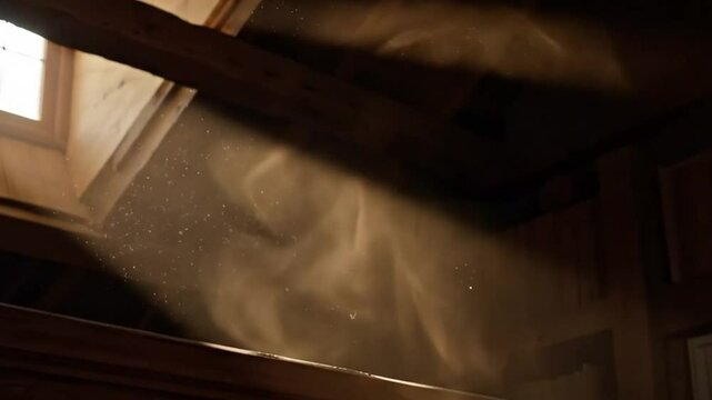 Sunlight streaming through a window in a dusty attic illuminates floating particles in the air space