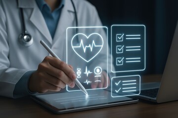Doctor uses digital tablet with futuristic medical interface for patient care