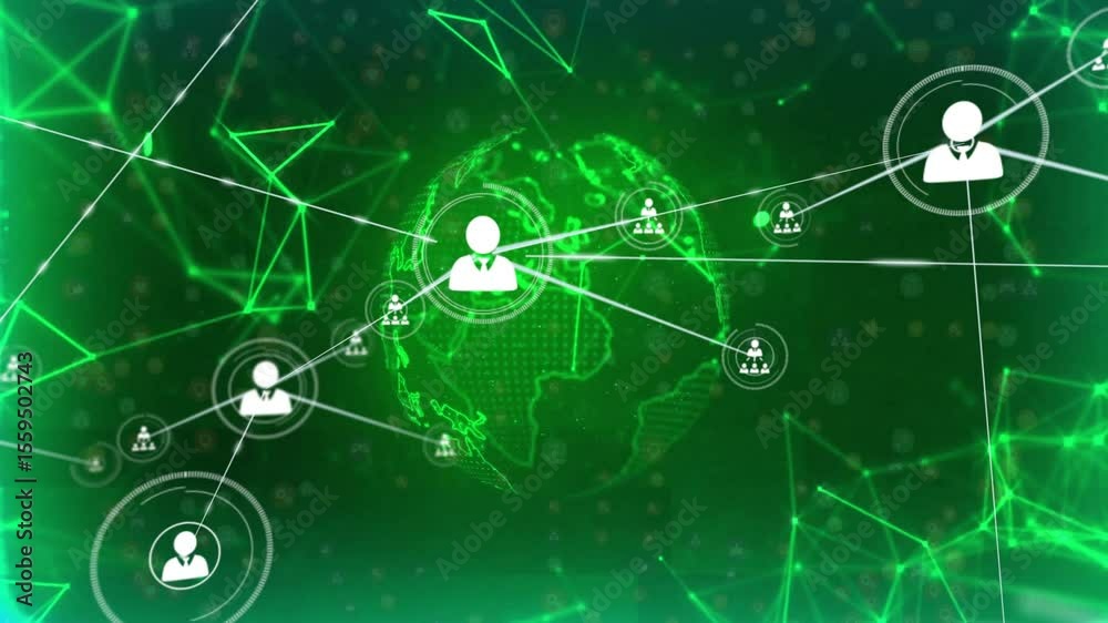 Poster floating 3d globe starting user icon emergence and radiating lines to groups showing global network