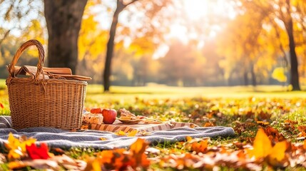 Autumn Picnic Basket in Golden Park, Fall Leaves, Apples, Blanket