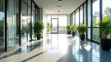 Bright office hallway with greenery creates a calming and productive environment, perfect for showcasing corporate spaces and wellness.