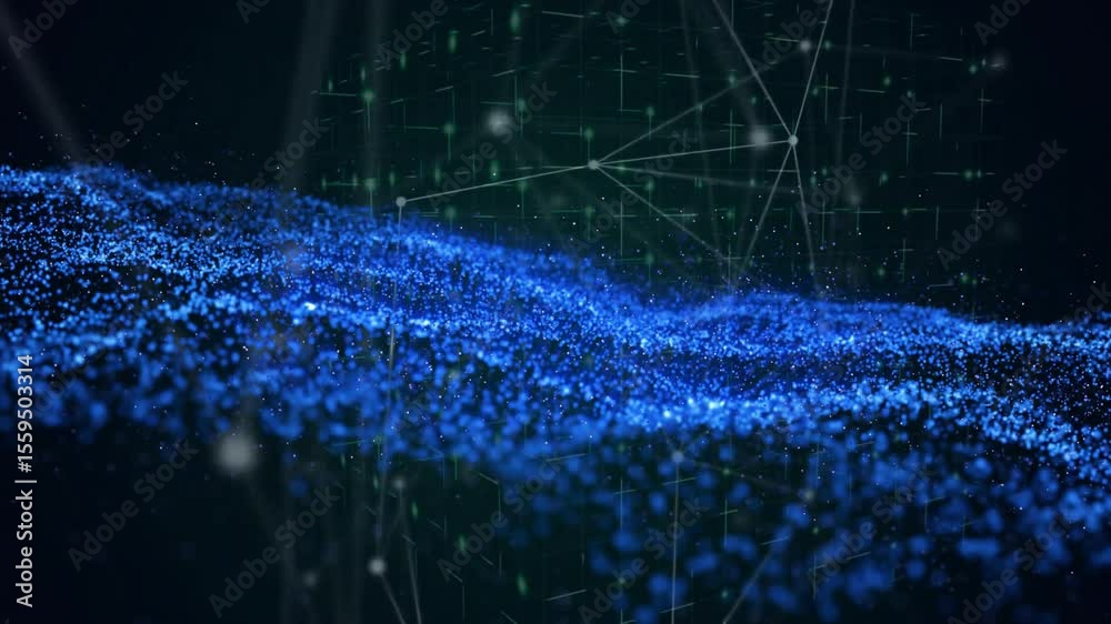 Poster blue particle cluster emerging in green grid spreading while white nodes pulsing to show data flow