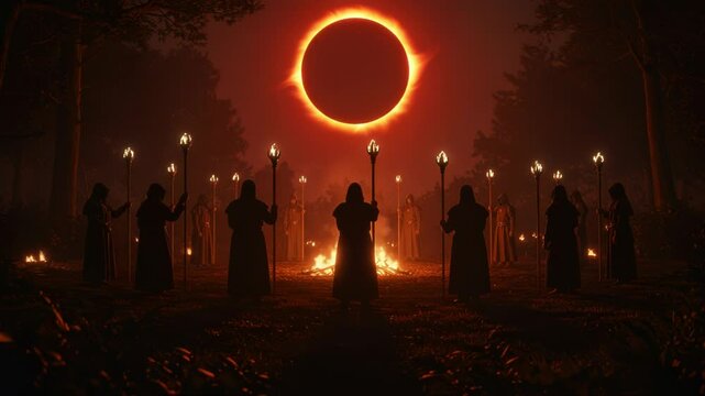 Mysterious hooded figures in the woods performing a ritual under a blazing solar eclipse