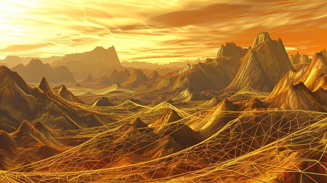 Martian landscape featuring intricate crystalline web structures catching the low sun like shimmering diamond networks, creating a futuristic and surreal vision of an alien world,science fiction idea