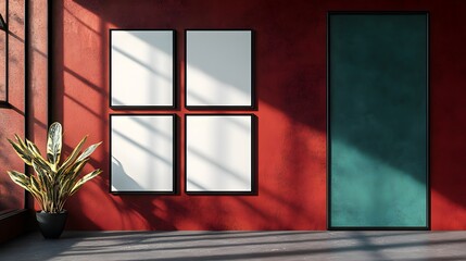 Red Wall Gallery Mockup Four Square Frames Teal Panel Plant