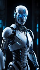 Realistic AI head with glowing eyes connected to data wires
