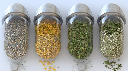 Four Glass Jars Filled with Colorful Spices and Herbs