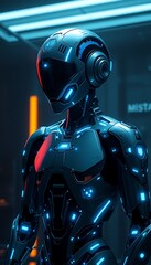 Realistic AI head with glowing eyes connected to data wires