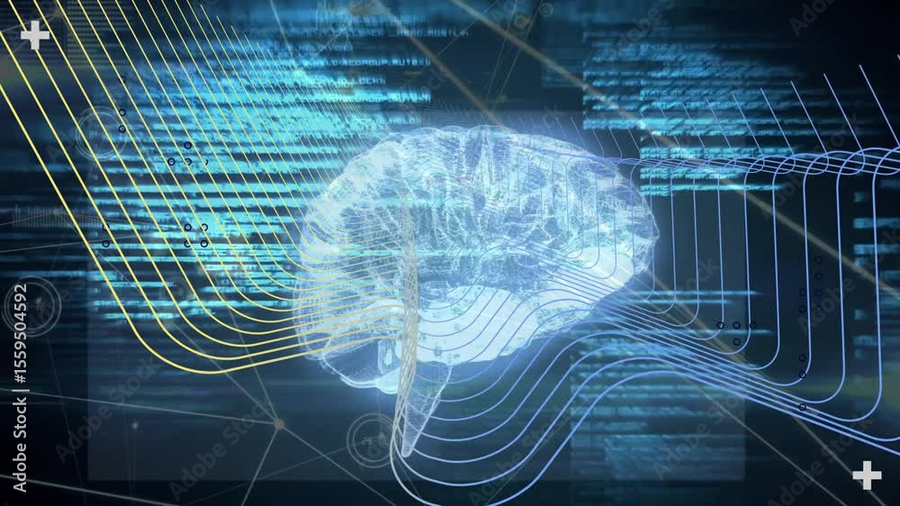 Poster streaming code behind 3d brain initiating waveforms flowing across rotating model visualizing data