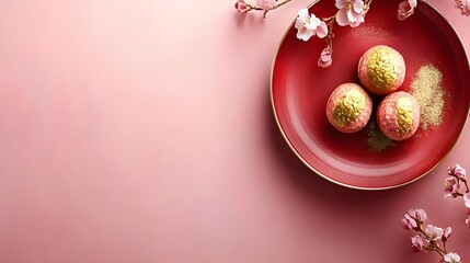 Elegant Pink and Gold Sweets on Red Plate with Cherry Blossoms