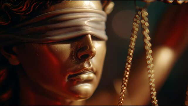 Representation of justice through a blindfolded figure holding scales in a dramatic setting