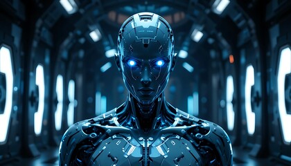 Realistic AI head with glowing eyes connected to data wires