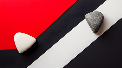 Abstract Minimalist Composition with Stones on Red White Black Background
