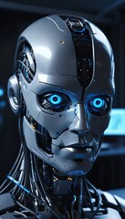 Realistic AI head with glowing eyes connected to data wires