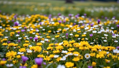 the image presents a vibrant wildflower meadow in full bloom, its dominated by yellow flowers that are grouped closely together, creating a patchwork of color across the meadow