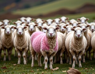 Fototapeta premium the image depicts a pastoral scene featuring a single sheep with a pink coat standing amidst a flock of white sheep, the flock appears to be looking towards the camera
