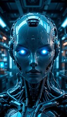 Realistic AI head with glowing eyes connected to data wires