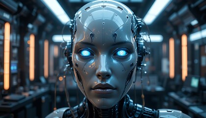 Realistic AI head with glowing eyes connected to data wires