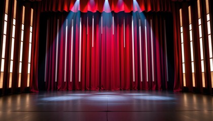 the image features a dramatic stage with a red backdrop, filled with vertical columns of light