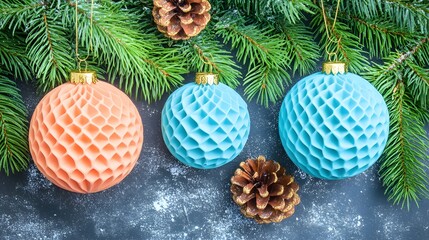 Pastel Honeycomb Christmas Baubles with Pine Branches