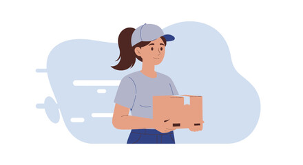 A female delivery person, with a ponytail and cap, is holding a cardboard box while standing against a soft, blue background, representing fast and efficient shipping.