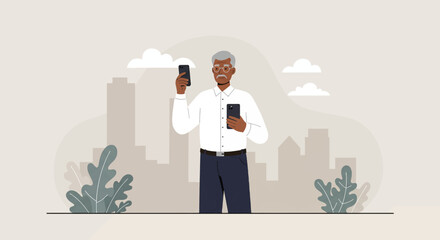 an older man standing in front of a city skyline, holding a smartphone in his hand. Suitable for landing page, banner, marketing, web design, presentation, infographic, etc.
