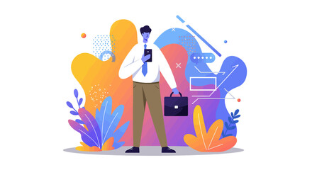 a man standing in front of a laptop with a bag