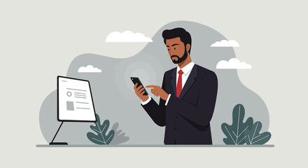 A professional businessman in a suit uses his mobile phone while standing next to a digital display with information and graphics.