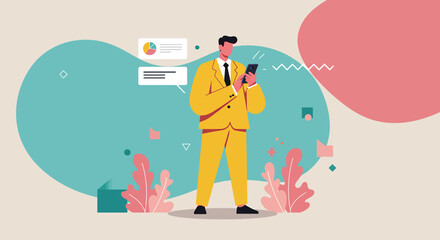 A modern business professional in a striking yellow suit interacts with his smartphone, set against a backdrop of abstract design elements and data.