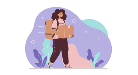A cheerful young woman in a modern flat illustration style is actively carrying multiple cardboard boxes, symbolizing efficient delivery or moving services.