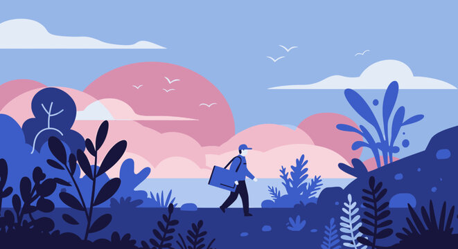 A person walks with a bag through a stylized landscape with vibrant blue and pink clouds and foliage.